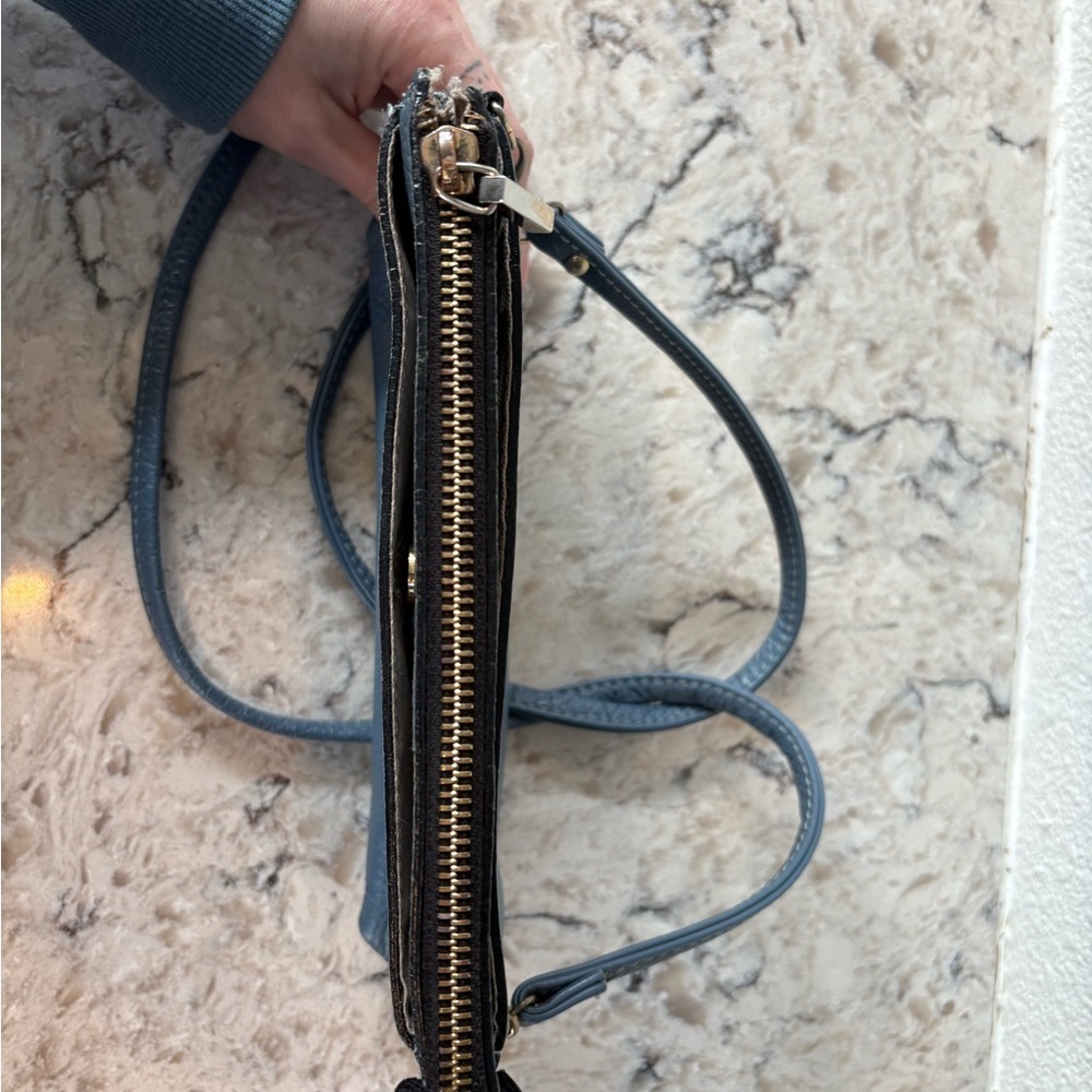 Pebbled Leather Crossbody Bag in Dusty Blue with Adjustable Strap - Picture 4 of 8